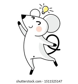 Cute cartoon white mouse with a yellow light bulb over his head. Concept idea. on white background. Vector  