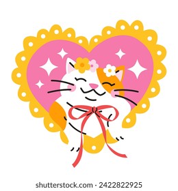 Cute cartoon white and orange cat with a red bow in heart shape frame. Hand drawn vector illustration. Funny Valentine's day character card template.