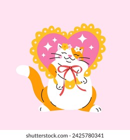 Cute cartoon white and orange fat cat with red bow in heart shape frame. Hand drawn vector illustration. Funny Valentine's day character card template.