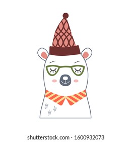Cute cartoon White Polar Bear head in glasses. Arctic animals. Character for greeting cards, stickers, baby t-shirts and wear, nursery and baby room interiors. Isolated Vector illustration.

