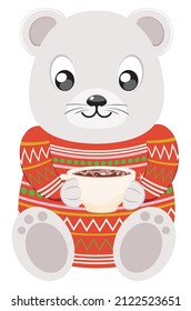 Cute cartoon white polar bear in knitted winter clothing illustration.
