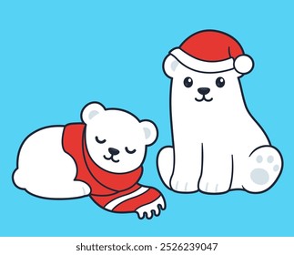 Cute cartoon white polar bear cubs in winter hat and scarf, seasonal Christmas banner. Simple vector clip art illustration.