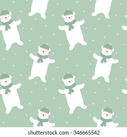 cute cartoon white polar bear with snow seamless vector pattern background illustration