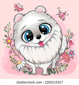 Cute Cartoon white Pomeranian with flowers on a pink background