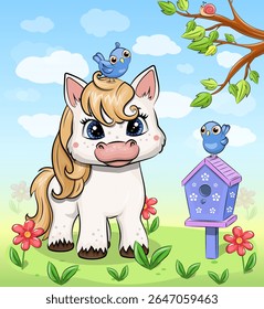 Cute cartoon white pony and birdhouse in nature. Vector illustration of animal with flowers, butterflies, branches and blue sky.