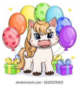 Bonito pônei branco de desenho animado com balões coloridos e presentes. Ilustração vetorial de animal sobre fundo branco.