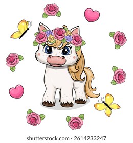 A cute cartoon white pony in a flower wreath stands in a roses frame. Spring animal vector illustration on a white background with flowers, butterflies and hearts.