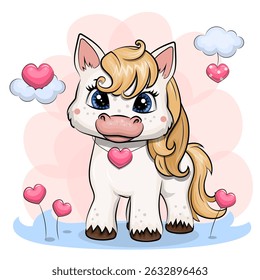 Bonito pônei branco de desenho animado com corações. Ilustração vetorial de um animal.
