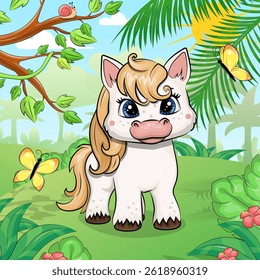 Cute cartoon white pony in nature. Vector illustration of an animal in a tropical forest with red flowers, yellow butterflies and trees.