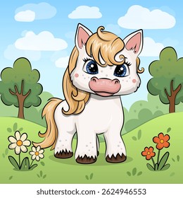 Cute cartoon white pony in nature. Vector illustration of an animal with red flowers, green grass and trees.