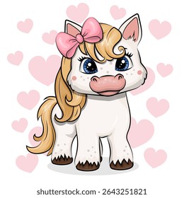 Bonito Cartoon Pônei Branco com arco de cabelo rosa. Ilustração vetorial com animal sobre fundo branco com corações cor-de-rosa.