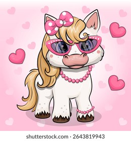 Bonito Cartoon Pônei Branco com óculos cor-de-rosa, colar, pulseira e arco de cabelo. Ilustração vetorial com animal em um fundo rosa com corações.