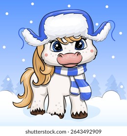 Cute cartoon white pony in scarf and blue hunter hat with ear flaps. Winter Vector illustartion of animal on blue background with snow.