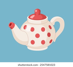 Cute cartoon white porcelain teapot with red polka dots and red lid. Teaware for brewing tea. Blue background.