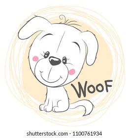 Cute Cartoon White Puppy on a yellow background