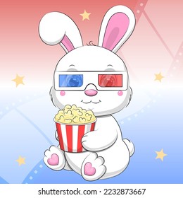 Cute cartoon white rabbit in 3d cinema glasses holds popcorn. Vector illustration on a blue and red background with filmstrip.
