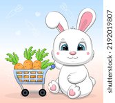 Cute cartoon white rabbit with a basket full of carrots. Vector illustration of an animal in a grocery store.