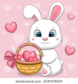 Cute cartoon white rabbit with a basket full of hearts. Valentine's card. Vector illustration of animal on a pink background.