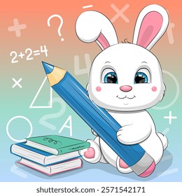 Cute cartoon white rabbit with a big blue pencil and books. School animal vector illustration on colorful background.