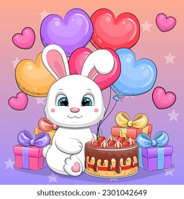 Cute cartoon white rabbit with a birthday cake, gifts and balloons. Happy animal vector illustration on a purple background.