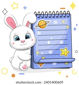 A cute cartoon white rabbit and a blue notebook with stickers. Vector illustration of animal on a white background with stars, circles.