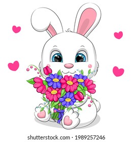 Cute cartoon white rabbit with a bouquet of flowers. Vector illustration of an animal on a white background with hearts.