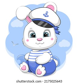 Cute cartoon white rabbit captain. Vector illustration of an animal on a blue background.