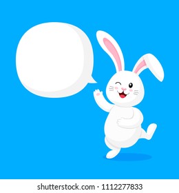 Cute cartoon white rabbit character with speech bubble. Illustration isolated on blue background.