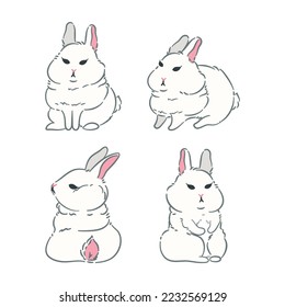 Cute cartoon white rabbit collection. Animal wildlife character set. Cute doodle bunny with illustration. Hand drawn. Perfect for Easter, Mid-Autumn Festival and more.