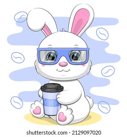 Cute cartoon white rabbit with a cup of coffee and blue glasses. Vector illustration of an animal on a blue background.