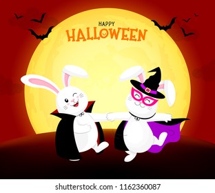 Cute cartoon white rabbit dancing. Bunny in dracula and witch suit. Happy Halloween day. Cartoon character design in moon light, Illustration.