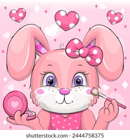 Cute cartoon white rabbit do makeup. Vector illustration of animal with blush and brush on pink background and heart.