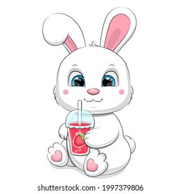 Cute cartoon white rabbit drinks strawberry juice. Vector illustration of an animal on a white background.