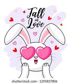 Cute cartoon white rabbit falling in love. Happy Valentine's day.  Cartoon character design. Illustration isolated on white background.