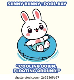 Cute cartoon white rabbit floating in a blue pool tube on a sunny day, enjoying a relaxing summer moment with a cheerful smile.