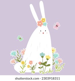 Cute Cartoon White Rabbit with flowers and branches