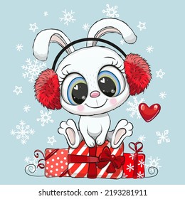 Cute Cartoon White Rabbit with gifts in fur headphones on a blue background