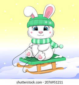 Cute cartoon white rabbit in green hat and scarf sleds down the hill. Winter vector illustration with animals and snow.