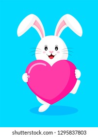 Cute cartoon white rabbit holding love hearts. Happy Valentine's day.  Cartoon character design. Illustration isolated on white background.