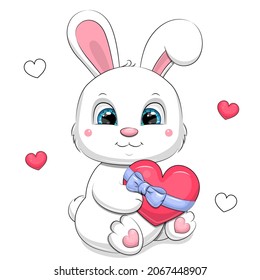 Cute Cartoon White Rabbit Holding Red Heart With Blue Ribbon. Vector Illustration Of An Animal On A White Background With Hearts.