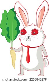 Cute cartoon white rabbit holding horseradish illustration.