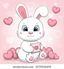 A cute cartoon white rabbit holds a love letter. Vector illustration of an animal on the pink background with hearts.