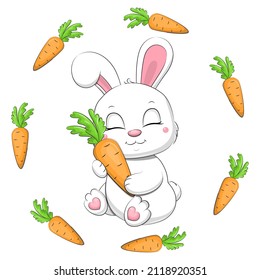 Cute cartoon white rabbit hugging a carrot. Vector illustration of an animal on a white background with a frame of carrots.