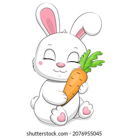 Cute Cartoon White Rabbit Hugs Carrot. Vector Illustration Of An Animal On A White Background.