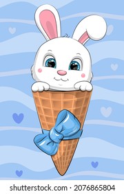Cute cartoon white rabbit in ice cream cone with blue ribbon bow. Vector illustration on blue background with hearts.