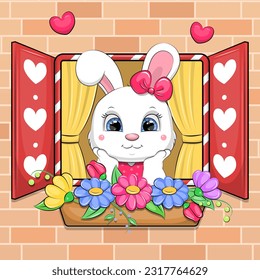 A cute cartoon white rabbit looks out the window. Vector illustration of an animal, a brick house, a window and a pot of flowers.