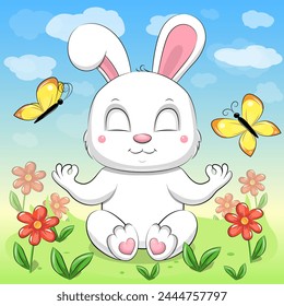 A cute cartoon white rabbit is meditating in nature. Vector illustration of an animal with butterflies and flowers.