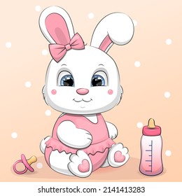 Cute cartoon white rabbit with milk bottle and babies dummy. Vector illustration of an animal on a pink background with dots.