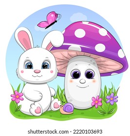 Cute cartoon white rabbit with muchroom, flowers, butterfly and snail. Vector illustration of animal in nature.