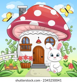 Cute cartoon white rabbit and mushroome house  Summer vector illustration animal and flowers    butterflies in nature 
